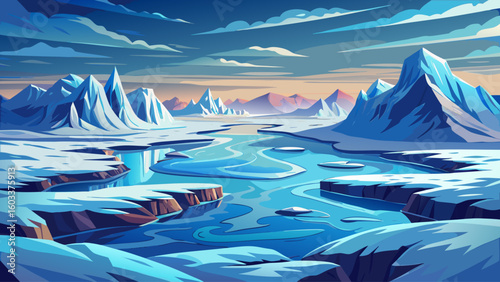 A vast icy tundra stretches into the horizon, with massive glaciers and frozen rivers dominating the desolate landscape under a pale sky