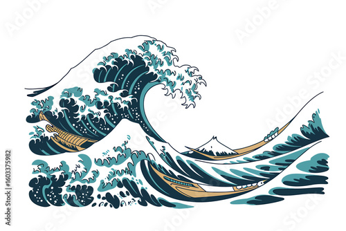 Japanese Great Wave with Boats and Mount Fuji Illustration Vector Art for Design and Creative Projects