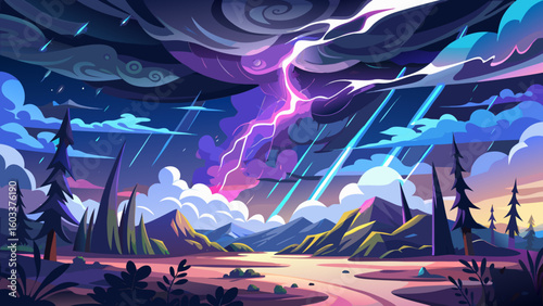 Lightning thunderstorm flash over the night sky. Concept on topic weather, cataclysms (hurricane, Typhoon, tornado, storm)