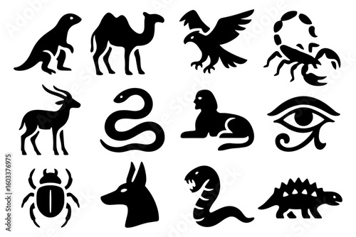 Ancient egyptian icon set: silhouettes of animals and symbols