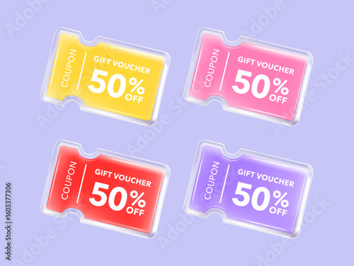 Transparency glassmorphism gift voucher discount coupon For business promotion sales and Discount online purchases. Tag label, sale banner. 3d rendering.
