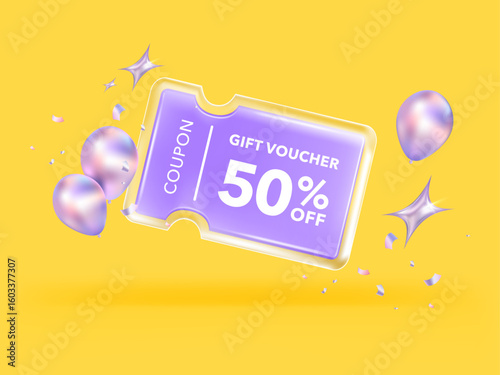 Transparency glassmorphism gift voucher discount coupon For business promotion sales and Discount online purchases. Tag label, sale banner. 3d rendering.