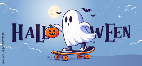 Halloween background design illustration. Happy Halloween party greeting card. Halloween banner, card, flyer template. Holiday cartoon character. Halloween Promotion Poster. Spooky invitation card