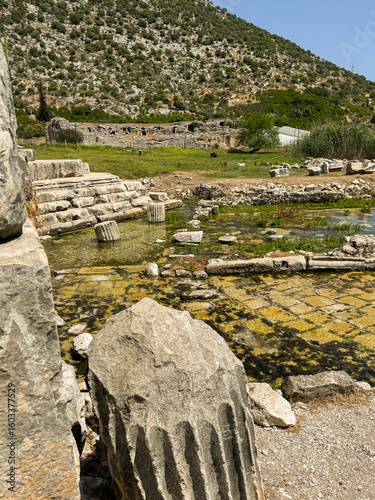 Ruins of ancient columns beside a tranquil water feature in a historic site