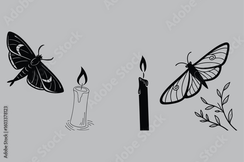 Moth flying in candlelight silhouette vector design art and illustration