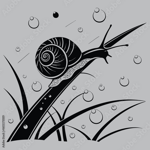 Snail shell glistening in dew silhouette vector design art and illustration
