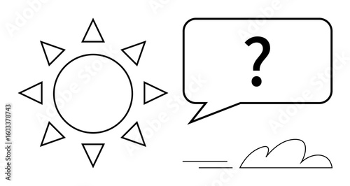 Sun with rays, a cloud, and a speech bubble containing a question mark ideal for knowledge, weather, inquiry, communication, curiosity, decision-making, and questions in a simple flat metaphor