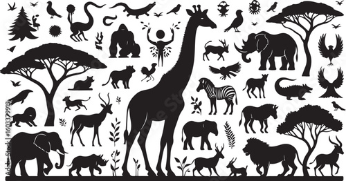 African safari animals and trees silhouettes wildlife nature