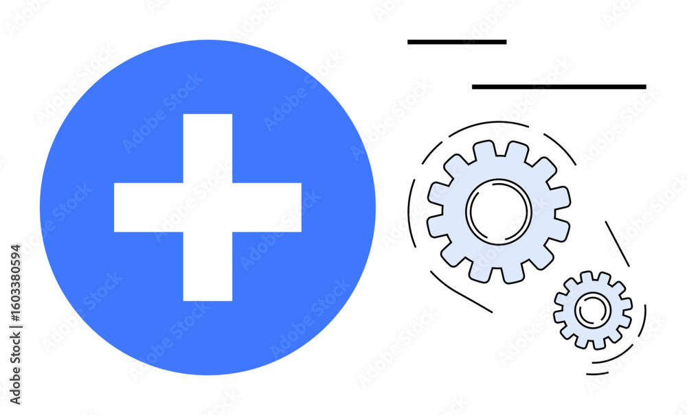 Fototapeta premium Blue medical cross with mechanical gears interconnected, symbolizing process efficiency, healthcare technology, collaboration. Ideal for healthcare, technology, teamwork, innovation, efficiency