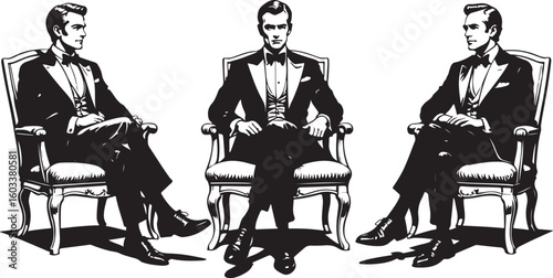 Elegant gentlemen in formal attire seated in ornate chairs gentleman tuxedo