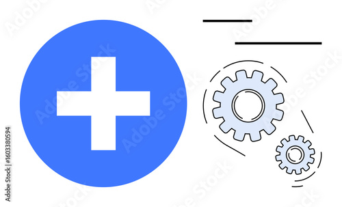 Blue medical cross with mechanical gears interconnected, symbolizing process efficiency, healthcare technology, collaboration. Ideal for healthcare, technology, teamwork, innovation, efficiency