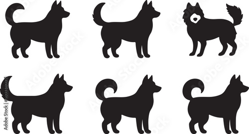 Six black dog silhouettes standing animal