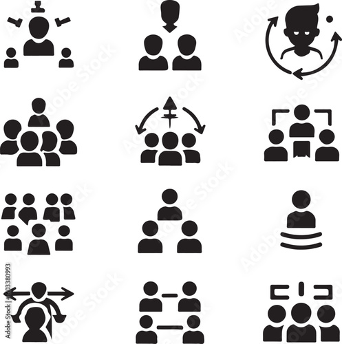 Teamwork hierarchy and communication flow icons collaboration leadership