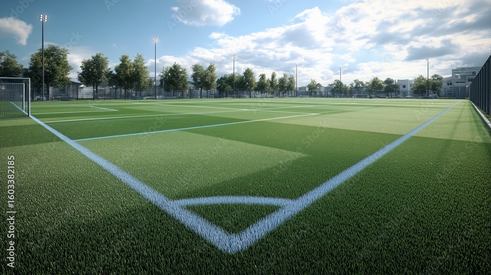 Fototapeta premium photorealistic view of youth soccer field from straight sideline angle