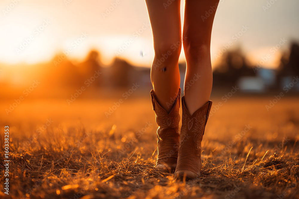 Fototapeta premium close up of young woman legs wearing cowgirl boots on the field at sunset