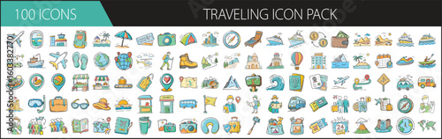 Traveling Icon Pack with 100 Tourism and Vacation Symbols - Colorful icon set of 100 travel-related illustrations including planes, luggage, landmarks, hotels, tickets, maps, passports, and adventures