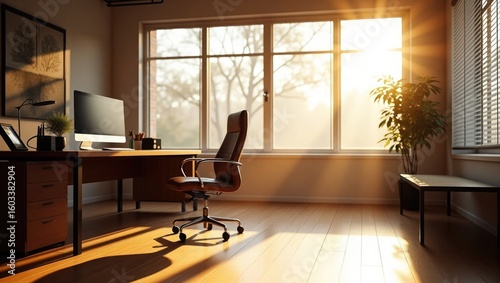 Sunlight streams through a large window illuminating a home office with a desk chair and plant