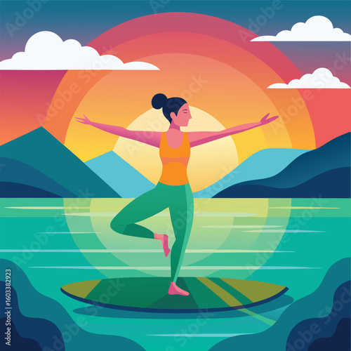 A woman is practicing yoga on a paddleboard in a serene lake at sunset, promoting balance and mindfulness