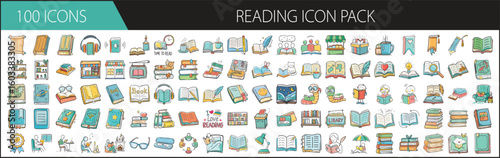 Reading Icon Pack Featuring 100 Education and Book Symbols - Colorful cartoon-style reading icon set with 100 elements including books, libraries, readers, e-books, glasses, bookmarks, and study tools