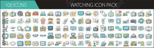 Watching Icon Pack with 100 Entertainment and Media Viewing Elements - A fun and colorful set of 100 cartoon-style watching icons, including TVs, screens, remotes, streaming, popcorn, and media player