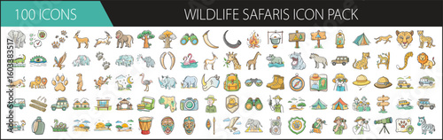 Wildlife Safari Icon Pack with 100 Nature and Animal Exploration Elements - A lively set of 100 cartoon-style wildlife safari icons, featuring animals, landscapes, vehicles, binoculars, tents