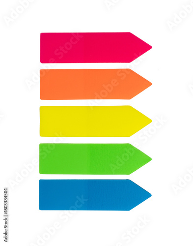 Colorful arrow shaped sticky tabs for office or school document marking isolated on transparent background for design. 