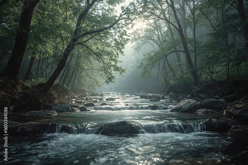 Misty forest stream flows, sunlight, nature scene, calm background, travel poster