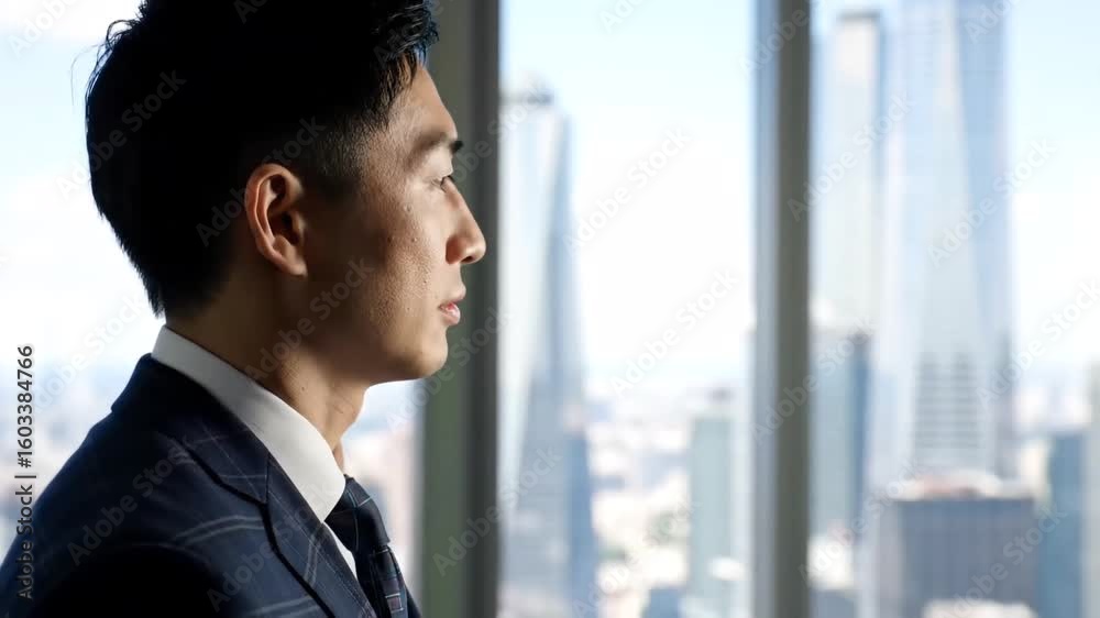 Asian man in suit looking out window at city buildings with thoughtful expression on his face Asian man in suit looking out window at city buildings with thoughtful expression on his face