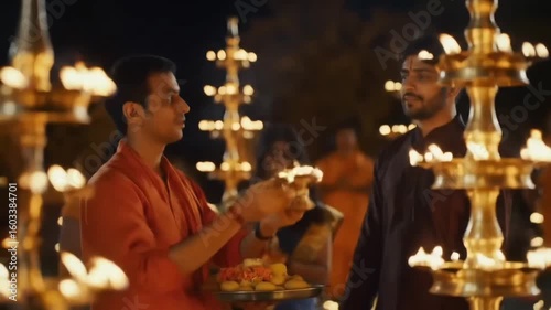 Hindu People in orange robes praying around a fire surrounded by lit oil lamps at night, arti Pooja 