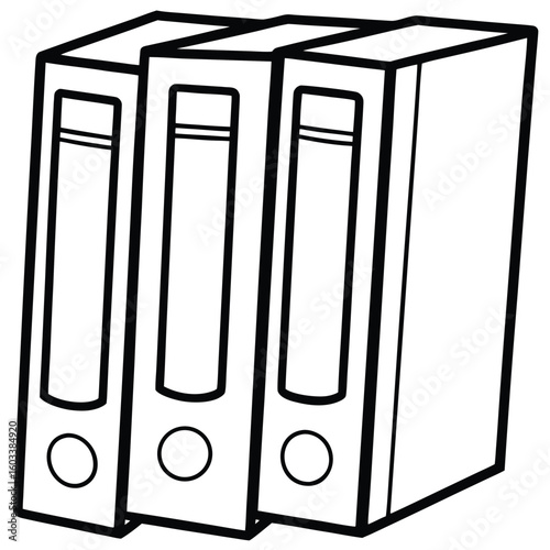 Three identical white binders with blank spines and circular finger holes stand upright in a row suggesting organization and storage for documents and papers