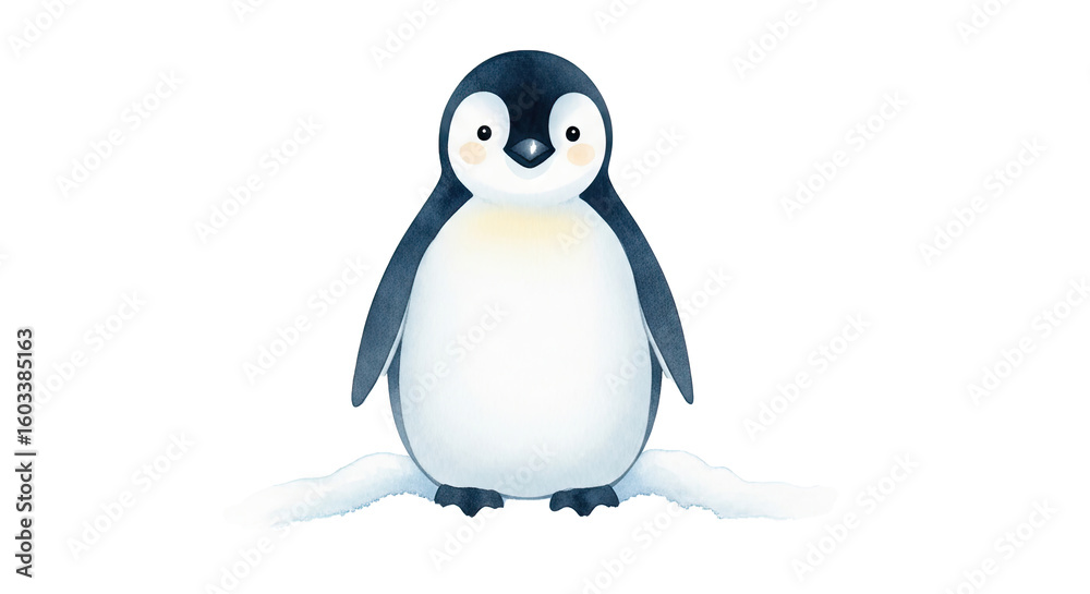 Obraz premium A cartoon penguin with white belly and black head standing on a white surface against black background