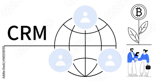 CRM text with a globe, user icons, bitcoin plant, professionals discussing technology. Ideal for networking, blockchain, teamwork, sustainability technology CRM usage global connectivity. Simple