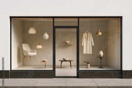 Minimalist storefront with white stucco facade and glass windows revealing floating furniture and decor objects inside. Surreal, dreamlike retail interior with soft natural lighting and clean design.