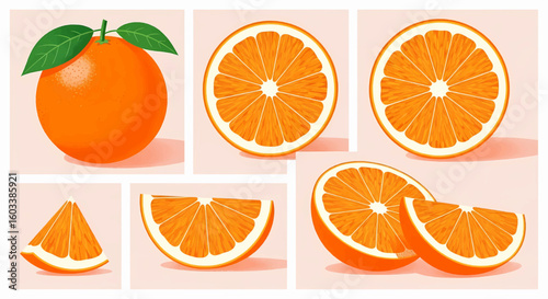Collection of fresh ripe oranges, including whole fruit with leaves, slices, and juicy wedges isolated on a white background