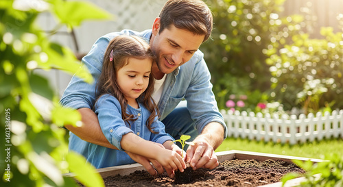 A father and daughter planting a small plant in a garden bed on a sunny day together outside home