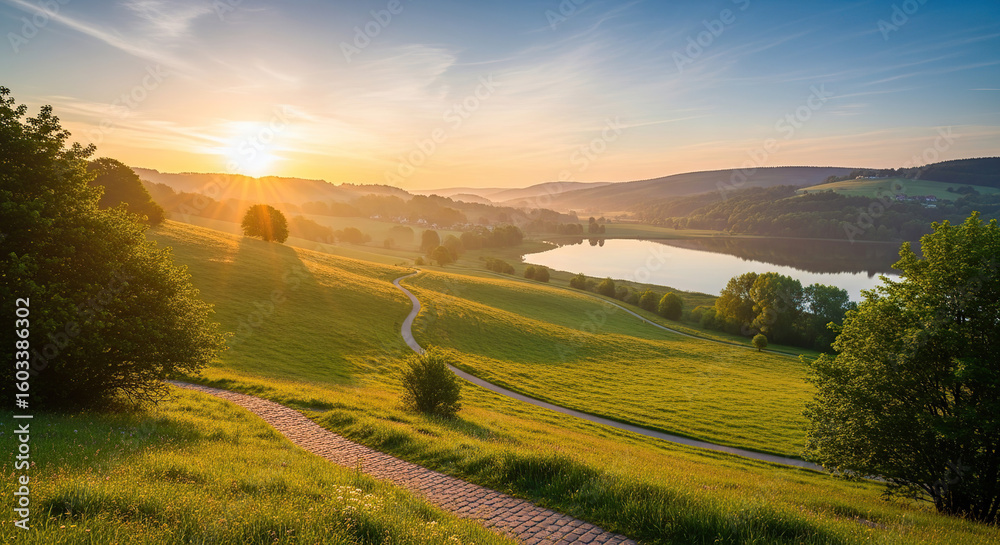Fototapeta premium A pathway through green fields leading to a lake at sunrise with trees and rolling hills in the distance