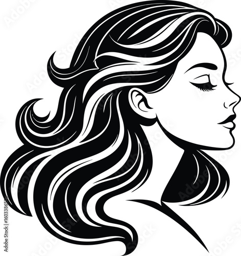 Elegant black and white portrait of a beautiful woman with flowing long hair in a graceful side profile depiction