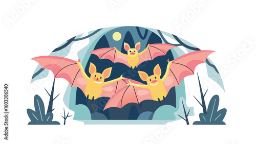 Flat vector illustration of three happy bats flying out of dark cave at night, cheerful mood, Halloween and nocturnal wildlife concept, moonlit forest background