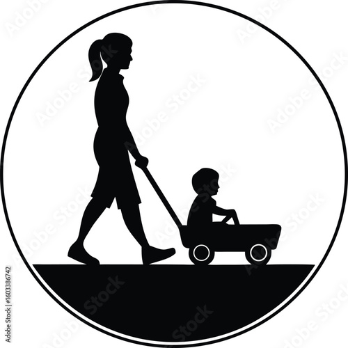Silhouette illustration of a mother pulling a child in a wagon inside a circular frame representing family time and parenthood