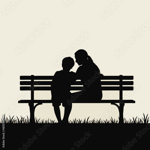 Silhouette of a mother and son bonding on a park bench symbolic of love nurturing and parenthood in a peaceful setting