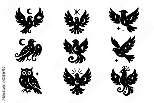 Mystical bird silhouettes with stars and moons in elegant black design