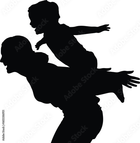 Silhouette of mother and child playing together joyfully creating a moment of fun and happiness against a white background