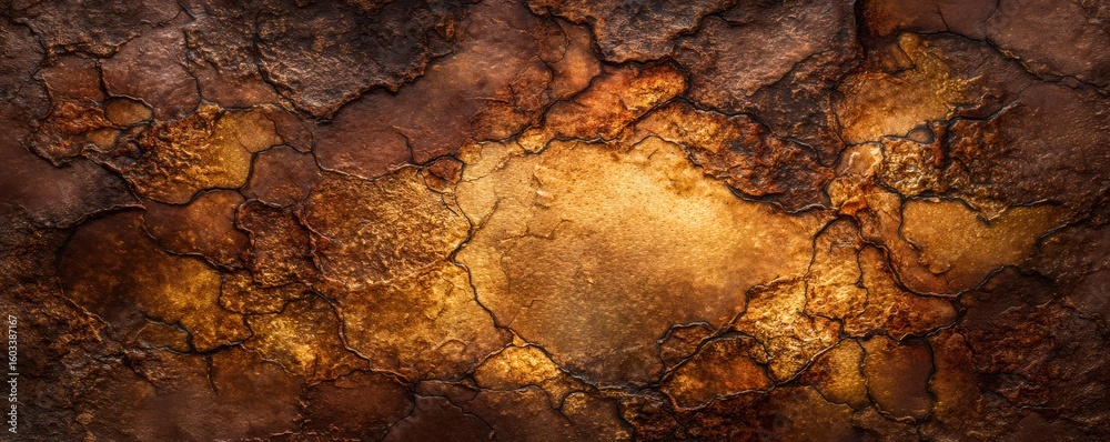 Fototapeta premium Abstract gold and brown rock mineral texture. Earthy surface with organic cracks. Material background for mining or geology concept.
