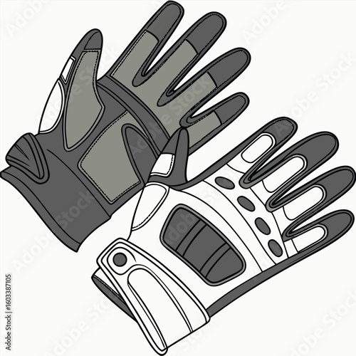 A pair of motorcycle gloves, one gray and one white, designed for sport and protection, isolated on white background