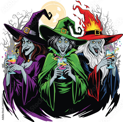 Three Witches on halloween night. Halloween vector design