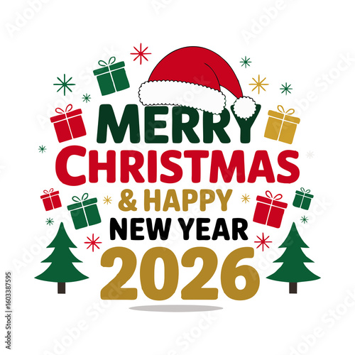 Classic Christmas New year 2026 Greeting designed with flourishes, Gifts and  holly icons, and evergreen tree detail