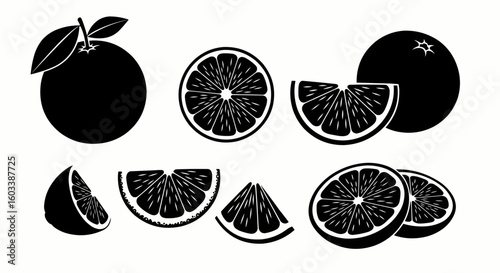 A versatile set of black orange fruit silhouettes, including whole, half, slices, and wedges for graphic design.