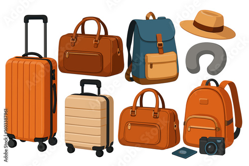 Journey Essentials: A colorful assortment of travel bags and accessories including suitcase, duffle bag, backpack, camera, and hat, ready for adventure