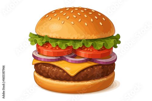 Delicious Burger Illustration: A mouthwatering, vibrant illustration of a classic burger, showcasing fresh ingredients and delectable layers.