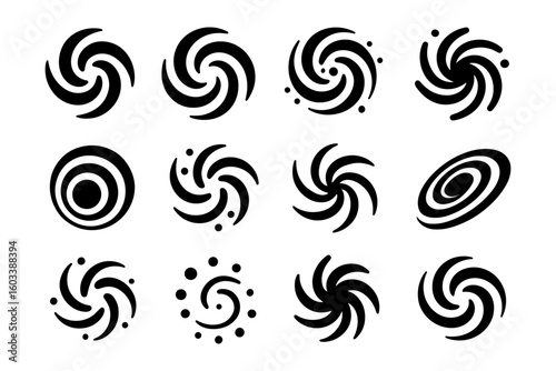 Dynamic spiral designs: set of abstract black swirls and circles for creative projects